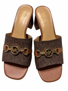 Michael Kors Brown Logo-Print Slide Mules with Gold MK Hardware